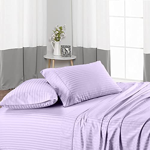 Juego de sábanas de 7 piezas, 100% algodón egipcio extrasuave y 400 hilos, sábana bajera ajustable de 30 cm de profundidad, juego de ropa de cama de mejor comodidad, rayas lavanda, tamaño Super King.