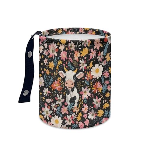 Image of Cow Floral Car Trash Can Bin Hanging Automotive Garbage Cans Leak-Proof Car Organizer