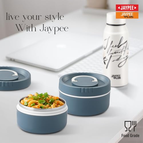 Image of Jaypee Plus Snackpac Airtight Leakproof Container 400 ml Lunch Box for School, Office, Ideal for Snacks and Meal, Keeps Food Hot & Fresh Inner Stainless Steel Easy to Carry Handle, Mirror Grey