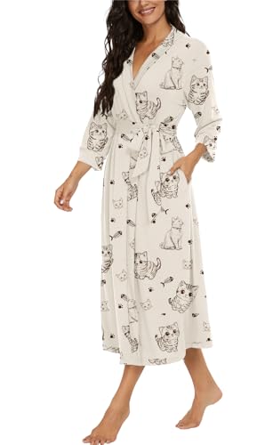 Image of VINTATRE Robes for Women Long Knit Bathrobe XS-4XL | 3 /4 Sleeve Bathrobes with Pockets, Stretchy and Lightweight Fabric, Inner Tie and Fixed Outer Belt, Mid Calf Length