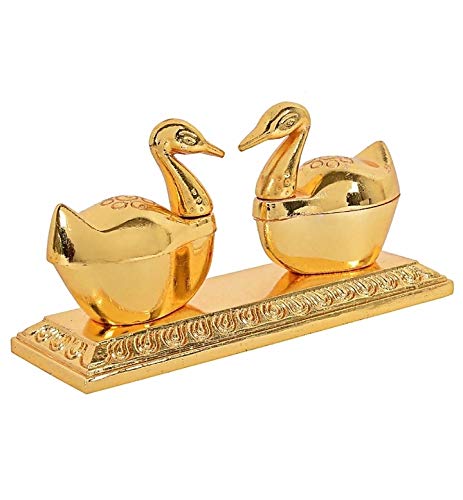 LABHCART Duble Duck Shape Haldi Kumkum Box for Home Pooja Decorative Items Chopda for Pooja and Gift Purpose Decorative Gold-Plated Duck Shaped Kumkum Sindoor Holder Set with Tray, Traditional Design thumbnail 5