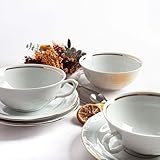 Juego de boles consomé (12 piezas) de porcelana blanca Rhein, 6 boles consomé con asas (35 cl), 6 platillos para tazas, con filo de oro