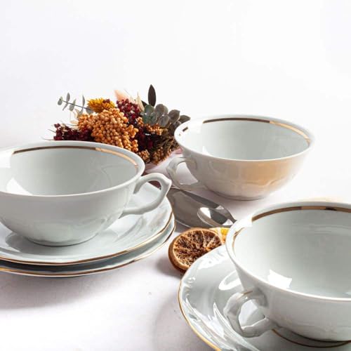 Juego de boles consomé (12 piezas) de porcelana blanca Rhein, 6 boles consomé con asas (35 cl), 6 platillos para tazas, con filo de oro