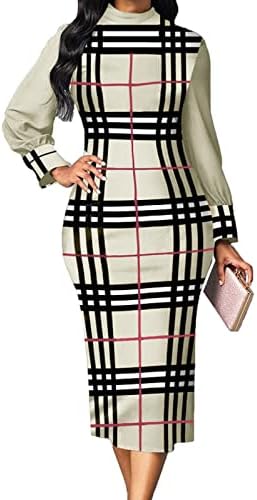 Women Sexy Plaid Print Crew Neck Dresses Elegant Bodycon Long Sleeve Stretchy Pencil Business Suiting Dress A-Grey