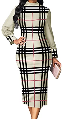 Women Sexy Plaid Print Crew Neck Dresses Elegant Bodycon Long Sleeve Stretchy Pencil Business Suiting Dress A-Grey #TOP3