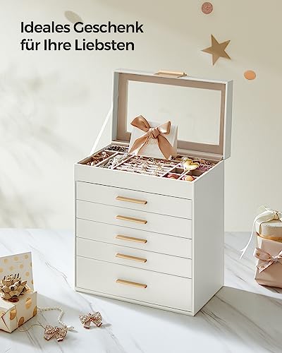 SONGMICS GISELLA Kollektion - Schmuckkästchen mit Glasdeckel, Schmuckkasten mit 6 Ebenen, Schmuckbox, 5 Schubladen, Schmuckaufbewahrung, modern, Geschenkidee, wolkenweiß-golden JBC171W01V1