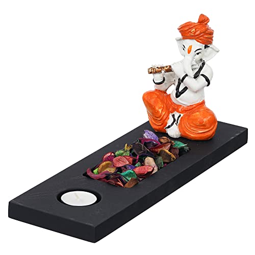 Image of eCraftIndia Orange White Resin Lord Ganesha Idol Playing Flute Showpiece Potpourri Rectangle Tea Light Candle Holder| Ganpati Murti Tea Light Holder Diwali Decoration Items for Home Decor| Diwali Gift