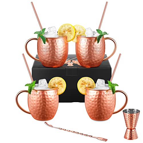 Lot de 4 tasses en cuivre Moscow Mule avec doublure en acier inoxydable, tasses en cuivre avec 4 pailles, 1 double doseur, 2 en 1 cuillère à mélanger, fourchette pour boissons froides fraîches Cover