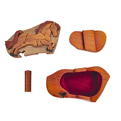 South Asia Trading Handmade Wooden Art Intarsia Trick Secret Horse Colt Filly Foal Pony Standing Dark Puzzle Trinket Box (3404) (G2) #TOP4