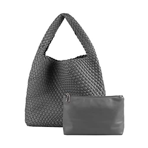 Image of Woven Tote Bag for Women with Purse, Vegan Leather Hobo Bags Large Handmade Underarm Shoulder Bag