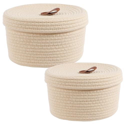 2 Pcs Cotton Rope Basket, Round Basket with Lid, Decorative Woven Storage Baskets, Portable Cotton Rope Storage Box, Multifunctional Lidded Round Basket for Organizing Snacks Yarns Keys Toys (Beige)