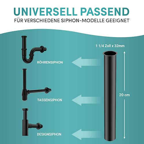 Engelbach® Universal Tauchrohr für Siphon 200mm - Verlängerung für Designsiphon, Röhrensiphon, Tassensiphon 1 1/4 Zoll x 32mm, Matt schwarz