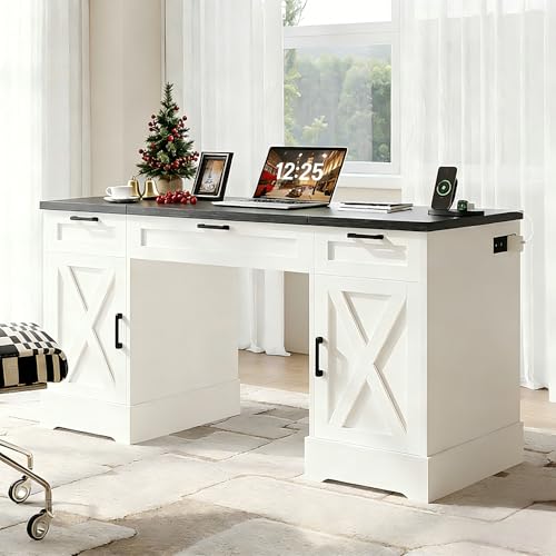 HOPUBUY Farmhouse Executive Desk with File Drawers Wood Home Office Desk w/Charging Station Adjustable Storage Cabinets White Computer Writing Desk for Work Study