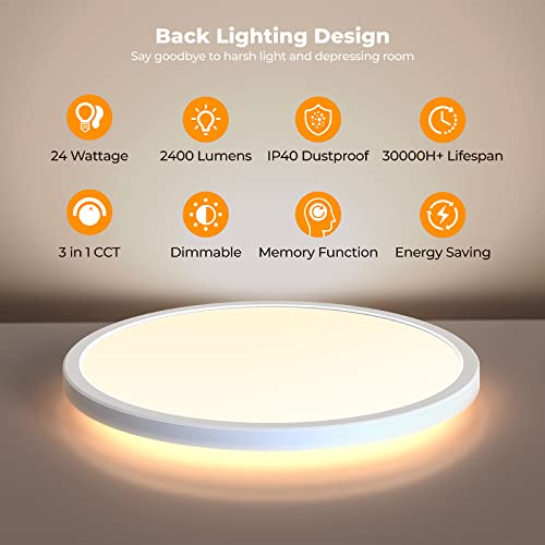 Blnan Dimmable Led Flush Mount Ceiling Light, 12 Inch 24W 3000K 4000K 5000K Selectable Modern Ultra Thin Low Profile Light Fixture For Bedroom Kitchen Closet Laundry, White #TOP5