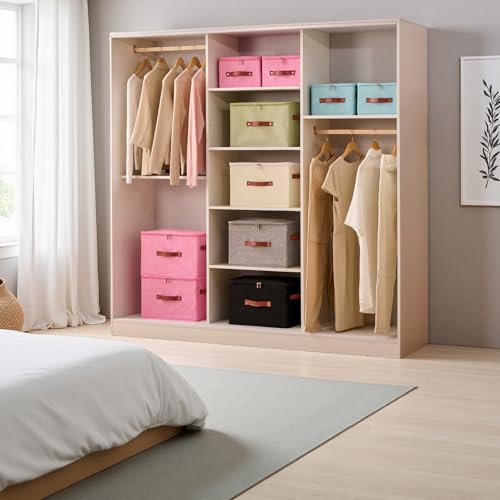 Image of Storage Bin Box with Zippered Lid Cotton Linen Fabric Decorative Basket with PU Leather Handles PP Plastic Board Foldable Lidded Clothing Shelf Closet Organizer Container (Pink, Small)