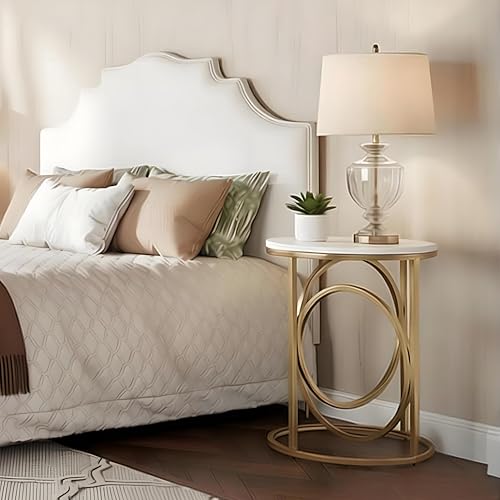 LITTLE TREE 20” Round End Table，Modern Sofa Side Table with Gold O-Shaped Base, Faux Marble White Cocktail Table Accent Table Nightstand for Living Room Bedroom by LITTLE TREE - Image 8