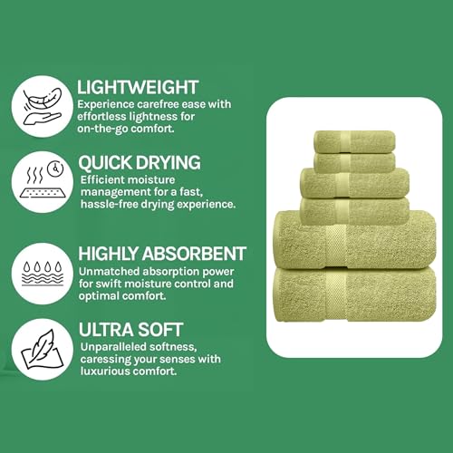 Image of Sulfar 100% Combed Cotton, 6 Pcs Towel Set - 2 Bath Towels (70 x 140 cm), 2 Hand Towels (40 x 70 cm) and 2 Face (30 x 30 cm) (600 GSM, Pack of 6) Misty Green