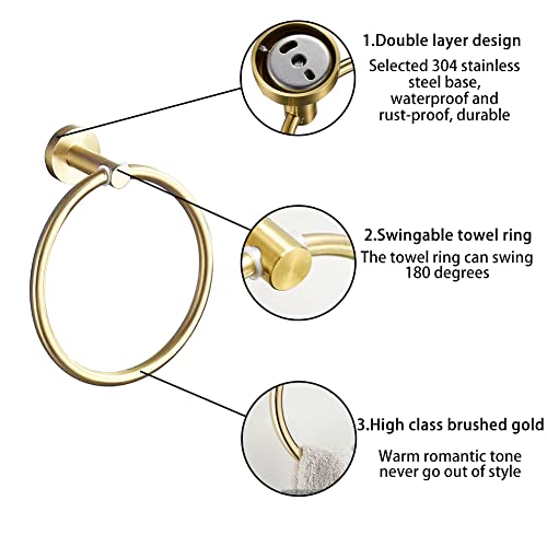 Hand Towel Ring Brushed Gold, Sus 304 Stainless Steel Round Towel Holder For Contemporary Bathroom Toilet Kitchen Storage, Wall Mounted (Brushed Gold) #TOP2