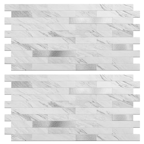 Koynsle Peel and Stick Backsplash Tile Waterproof Removable PVC Wall Sticker 3D Faux Stone Marble Brick White Accent Panels (White Marble - Metal Silver, 40 Tiles - 18 sq. ft. (1.68 m²))