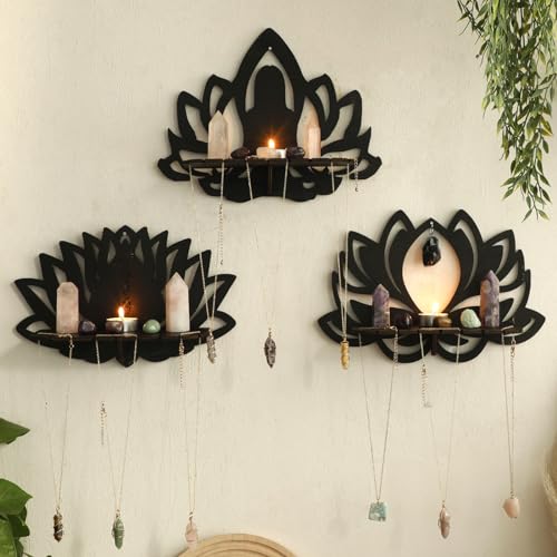 Artilady Lotus Flower Crystal Shelf -3 Pack Floating Shelves for Wall Bedroom Decor Black Cute Display Shelf Yoga Decor for Crystals and Stones Aesthetic Boho Room Decorations Witchy Gift for Wome