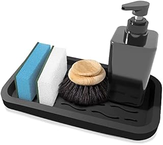 YKING Silicone Sponge Holder for Kitchen Sink - Kitchen Sink Tray for Sponges Soap Dispenser Scrubber - Soap Dish for Kitchen Sink - Soap Tray Kitchen - Kitchen Sponges Holder - Black Sponge Tray