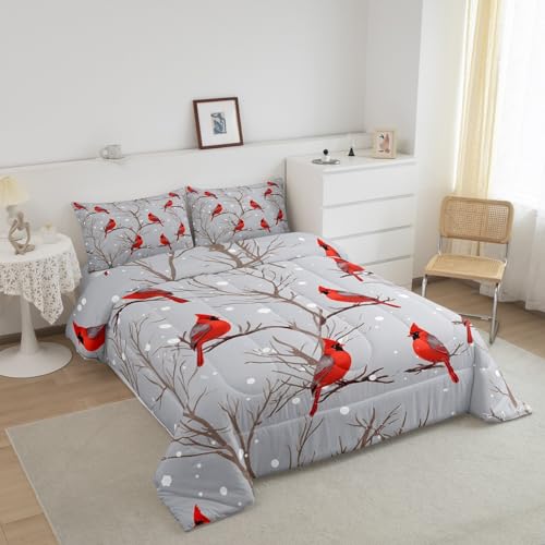 Image of Feelyou Bird Comforter Set Red Birds Snowflakes Bedding Set Winter Landscape Cardinals Comforter for Boys Girls Child Kids Retro Bedroom Decor Tree Branches Duvet Set King Size with 2 Pillow Case