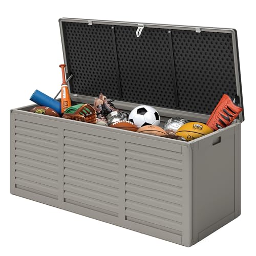 Sesslife 130 Gallon Deck Box Outdoor Waterproof Storage Box Lockable Resin Outdoor Storage Box for Garden Tools Patio Cushions UV-Resistant & Easy Assembled (Gray)