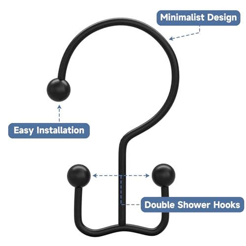 Image of Titanker Shower Curtain Hooks Rings, Rust Resistant Metal Minimalist Simple Double Glide Shower Hooks Rings for Bathroom Shower Rods Curtains, Set of 12 Hooks - Black