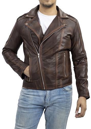 Jild Biker Style Genuine Leather Jacket Men - Vintage Look Asymmetric Zip-Up Hand Waxed Leather Lapel Style Motorcycle Jacket