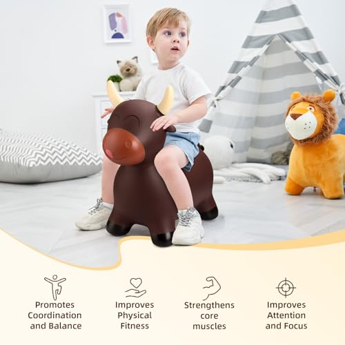Image of EVERICH TOY Bouncy Animal Hopper, Ride-On Bull Hopping Toy for Toddler 18M+ | Inflatable Horse Hopping Toy for Boys Girls, Indoor Outdoor Bouncy Bull Toy for 2 Year Old Kids, Gift for 3 4 5 6 Yrs W / Pump