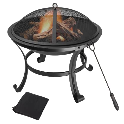 22-Inch Portable Round Metal Fire Pit Set, Durable Wood