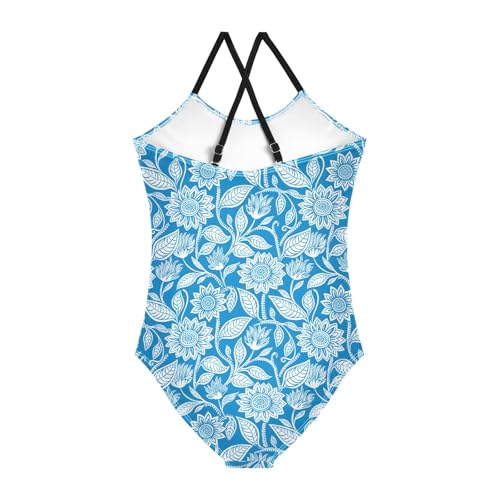 senya Girls Swimsuits One-Piece Swimwear Tie Bathing Suit Beach Summer Round Neck 5-6T Blue and White Floral Pattern2