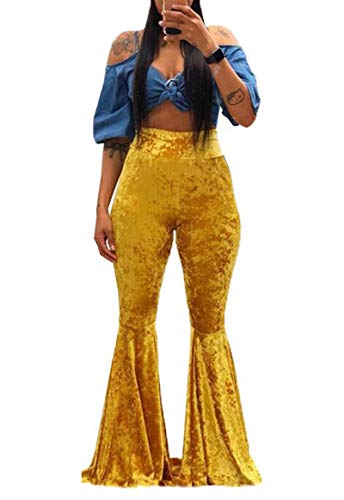 Aro Lora Women's Velvet High Waist Ruffle Casual Party Club Flare Bell Bottom Pants Small Yellow