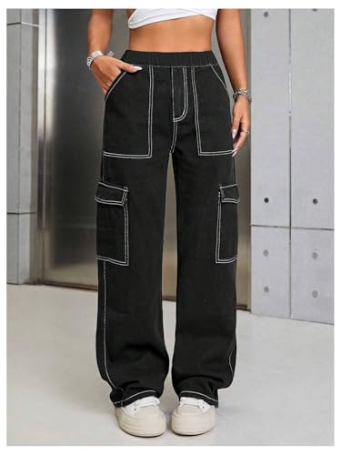 SHENHE Girl's Baggy Jeans Cargo Pants Elastic Waist Wide Leg Streetwear Pants with Pockets3