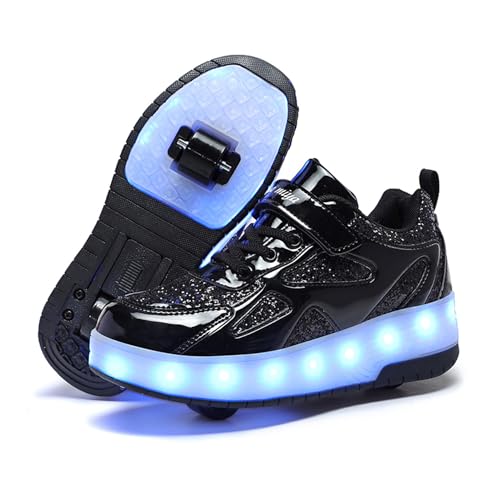 BFOEL Kids Roller Skates Light up Shoes with Double Wheel Shoes LED USB Charging Roller Sneakers for Girls Boys Birthday Christmas Day Best Gift, Black, 3.5 Big Kid