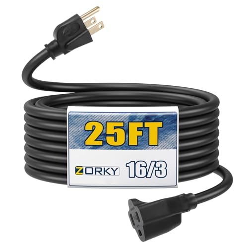 Image of 25ft Outdoor Extension Cord for Christmas Decorations - 16 /3 Heavy Duty SJTW Waterproof Black Electrical Cable with 3 Prong Grounded Plug for Safety, Great for Lawn and Major Appliances