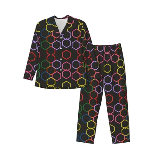 Colorful Hexagons And Black Mens Pajamas Set Button Down Sleepwear Set Long Sleeve Loungewear With Pockets3