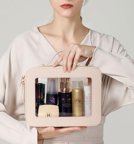 Image of LETGO Clear Mahjong Tile Storage Bag - TSA Approved Toiletry Bags with Zipper,Beach Car Makeup Organizer for Carry-on Travel Essentials,Clear Cosmetic Bags for Women & Girls (Large Beige)