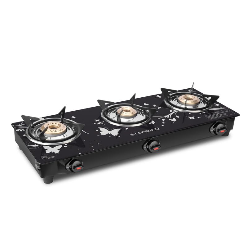 Image of Longway Astra Glass Top, 3 Burner Auto Ignition Glass Gas Stove (Black, ISI Certified, 2 Year Warranty)