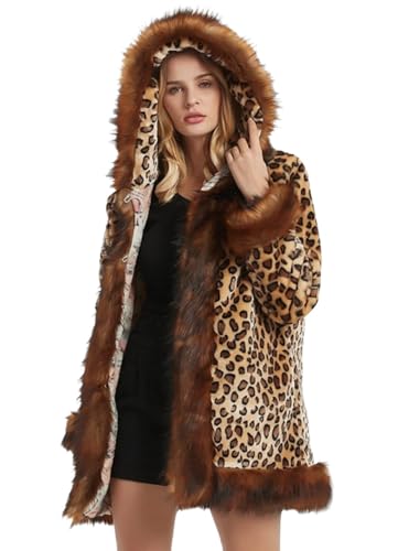 KRE Prime Women Leopard Print Hooded Faux Fur Collar Jacket