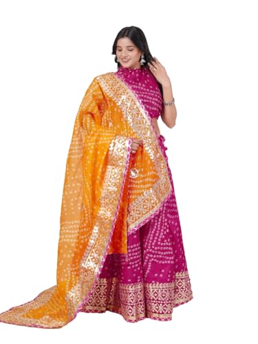 Image of Traditional Ethnic Kota Doria Bandhani Lehenga Choli Set for Wedding and Ethnic FestivalEmbroidered Gota Patti Border Readymade Lehenga Chunni Set with Running Blouse