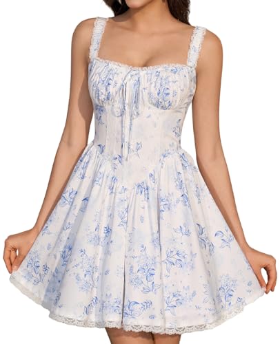 Image of Womens Summer Floral Mini Dress Square Neck Tie Front Lace Spliced Ruched Backless Casual Party Graduation Short Dresses