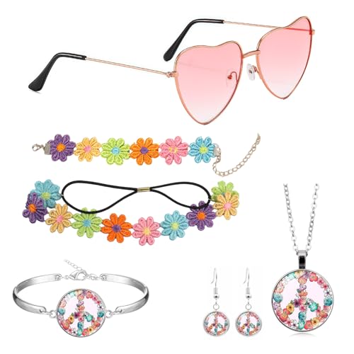 7 PCS de Accesorios de Disfraz Hippi, Conjunto de Disfraz Hippie para Mujer Hombre Años 60 y 70 Collares y Pendientes con el Signo De La Paz Pulseras Diadema Gafas Hippie para Fiesta Carnaval Temática