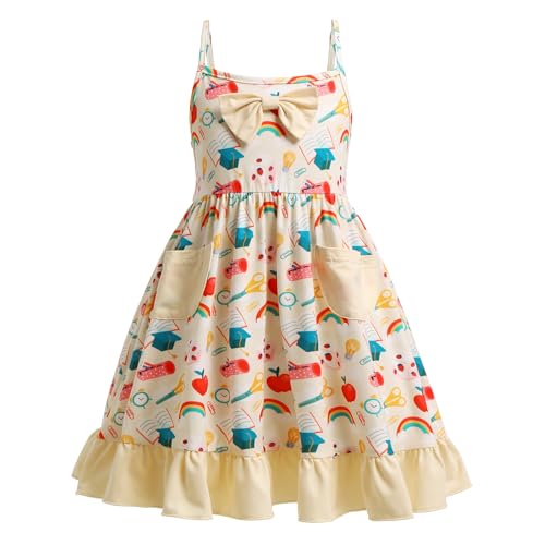 OBEEII Back to School Outfit for Girls Toddler First Day of School Kindergarten Bow Pencil Rainbow Printed Dress/Pockets