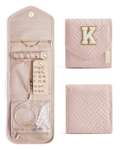 Image of BAGSMART Travel Jewelry Organizer Case K Initial Jewelry Roll,Soft Pink