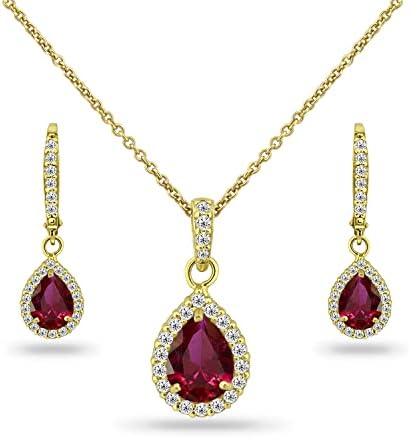 B. BRILLIANT Sterling Silver Halo Teardrop Necklace & Earrings Set - Dainty Pear Gemstone Jewelry For Women
