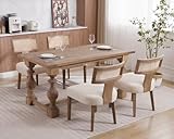 Picture of HNY Mid Century Modern Rattan Dining Chairs Set of 4, Farmhouse Linen Upholstered Accent Chair Curved Backrest Kitchen Chairs, with Hardwood Frame, Beige