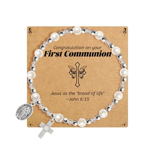 Image of BAYLAY First Communion Baptism Confirmation Gifts for Kids Girls - Cross Bracelet for Girls Pearl Bracelet First Communion Baptism Confirmation Bracelet