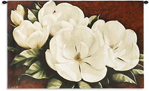 Magnolia Crimson Cotton By Igor Levashov | Woven Tapestry Wall Art Hanging | White Magnolias With Warm Red Background | 100% Cotton Usa Size 53X33 #TOP23