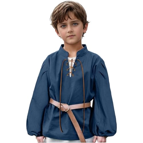 Medieval Renaissance Pirate Shirt for Boys Long Sleeve Retro Medieval Tunic Mandarin Collar Pirate Shirt Lace Up Tops